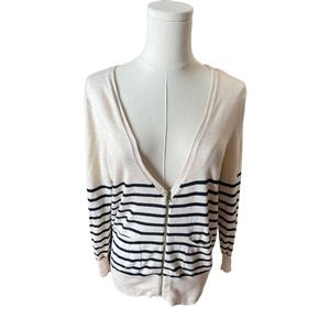 J.Crew Cardigan Zipper Pima Cotton Beige Navy Stripes V Neck Womens Small